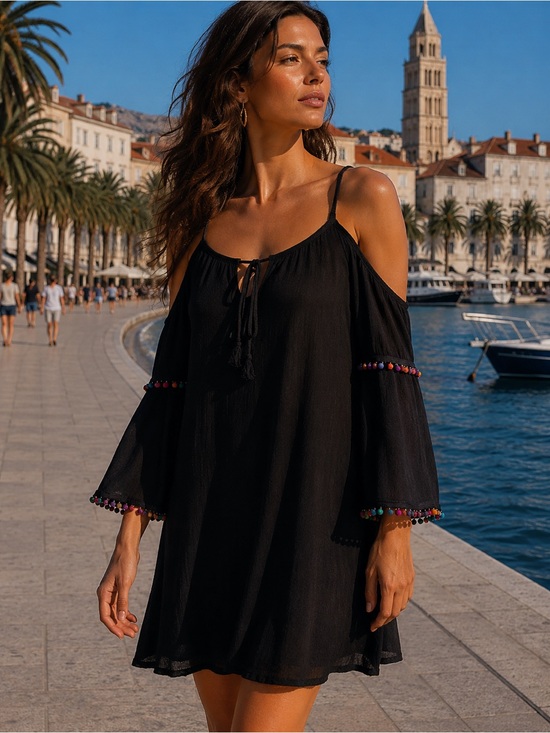Mistique Aura Other - Black Cold Shoulder Dress with Pom-Pom Accents